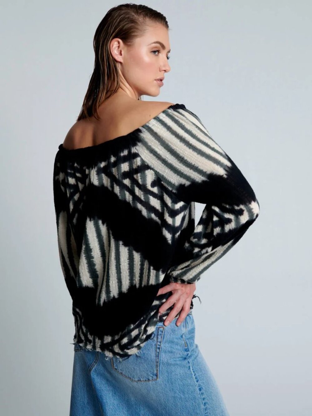 One Teaspoon Santorini hand-printed Minoan Peasant Blouse Black Cream Zebra